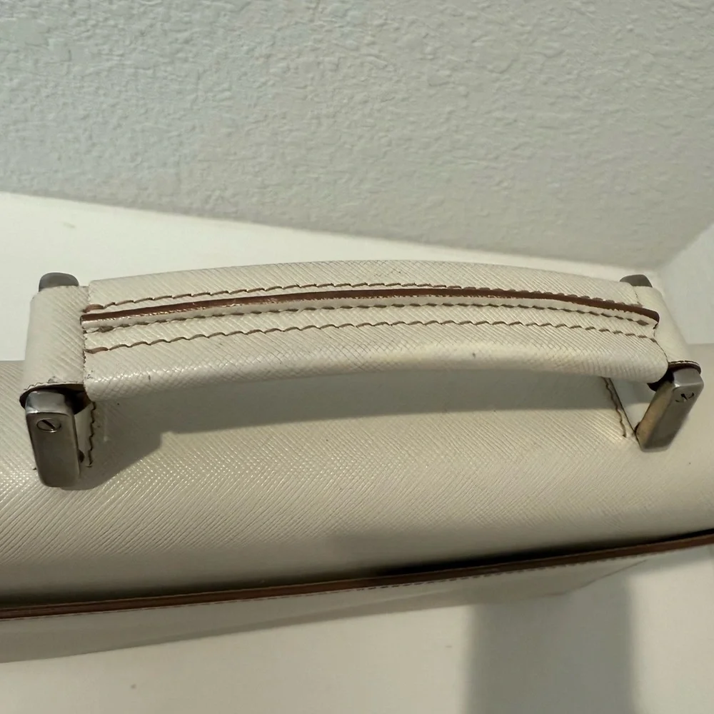 PRADA Ivory White Saffiano Leather Slim Flap Briefcase Laptop Bag With Lock
